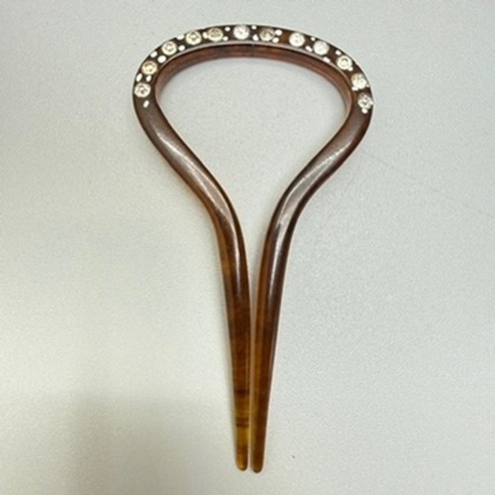 Vintage Brown Lucite Rhinestone Hair Fork 4"